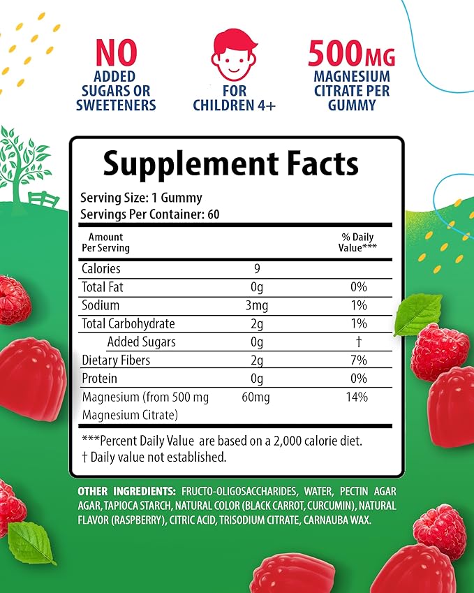 Sugar-Free Magnesium Gummies for Kids & Teens - 500mg Calm Magnesium Citrate - Chewable Magnesium Gummy Supplement for Sleep, Mood & Muscle Support - Citrato de Magnesio para Niños - 60 Days Supply