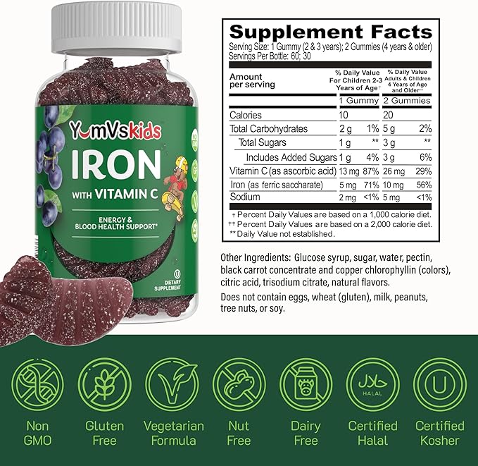 Iron Supplement for Kids – 5 mg Kids Gummies with Vitamin C – Great-Tasting Gummies Grape Flavor – Supports Immune Health & Helps with Iron Deficiency – Vegan, Kosher, Non-GMO – 60 Count