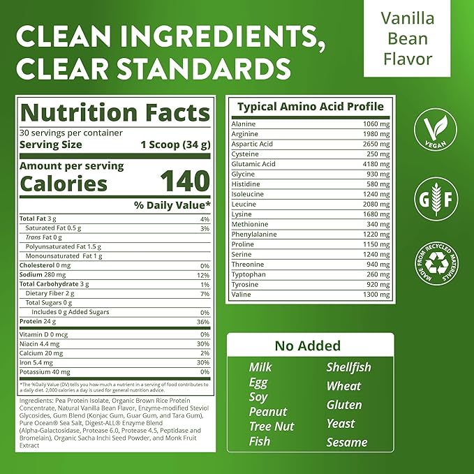 MRM Veggie Elite Performance Protein - Vanilla Bean, Plant-Based Powder, 24g Protein per Serving with BCAAs & Digestive Enzymes, Clinically Tested - Vegan, Gluten-Free - 30 Servings