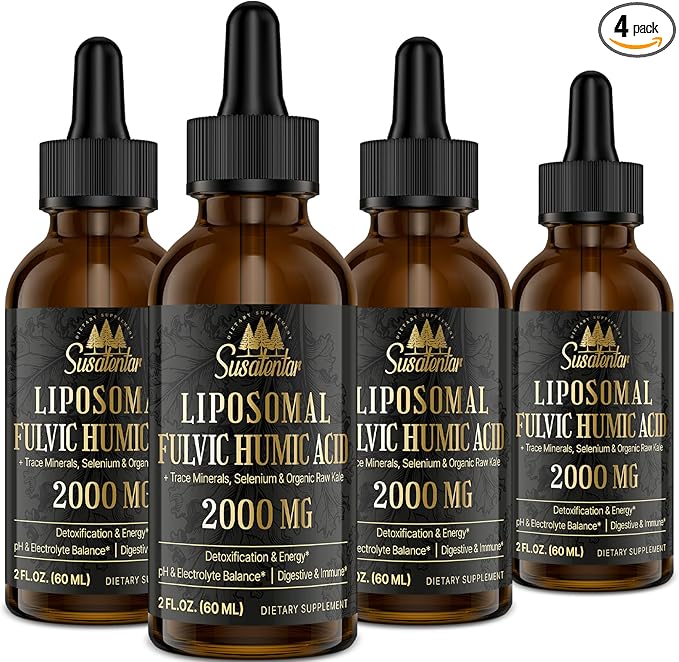 2000 MG Liposomal Fulvic Acid + Humic Acid + Trace Minerals Complex - More Potent Than Shilajit, Electrolytes Liquid Supplement with Organic Kale for Energy, Digestion, Immunity & pH Balance, 8 Oz