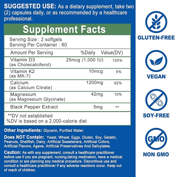 Calcium Supplements for Women - Calcium 1200 mg with Vitamin D3 & K2 - High Absorption Extra Strength Calcium Citrate for Bone Health, Strength, Density, Muscle, Heart Support - Slow Release, Non-GMO
