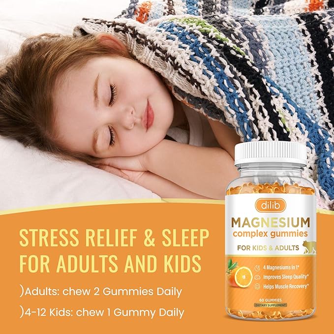 Magnesium Complex Gummies for Kids & Adults- Calm Chewable Gummies- Magnesium Glycinate, Taurate, Citrate, Malate, Supplement-Support Calm Stress Relief, Mood Vegan, Orange Flavor, 60ct
