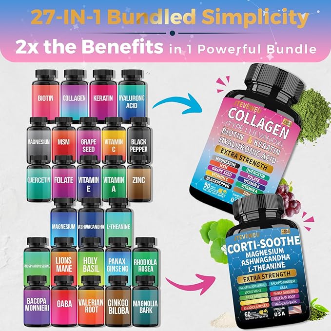 Shining Serenity Set, Cortisol Support with Ashwagandha, L-Theanine, Magnesium, Lions Mane, GABA, Bacopa Monnieri, Collagen Biotin, Keratin, Hyaluronic Acid, Quercetin