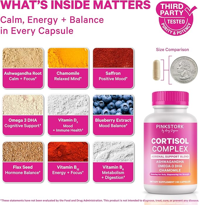 Pink Stork Cortisol Supplements for Women - Adaptogenic Adrenal Support & Hormone Balance with Organic Ashwagandha, Omega 3 DHA, Saffron, Multivitamins - Mood Support - 60 Count