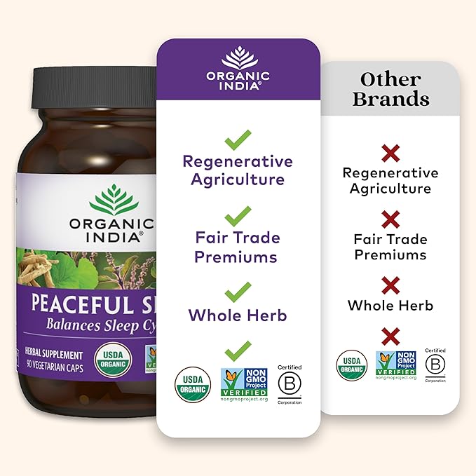 ORGANIC INDIA Peaceful Sleep Herbal Supplement - Deep Sleep Aid for Adults, Natural Herbal Aid Without Melatonin, Supports Circadian Rhythm, USDA Certified Organic, Non-GMO - 90 Capsules