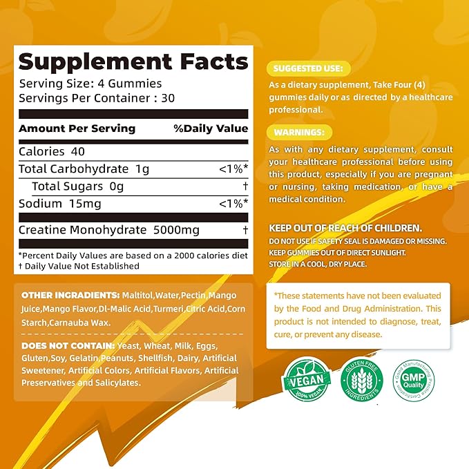 Allcoovita Creatine Monohydrate Gummies 5g for Men & Women. Boost Focus,Strength, and Endurance, Anti-Melting Formula, Vegan, Gluten-Free, Non-GMO,(Mango 120 ct)