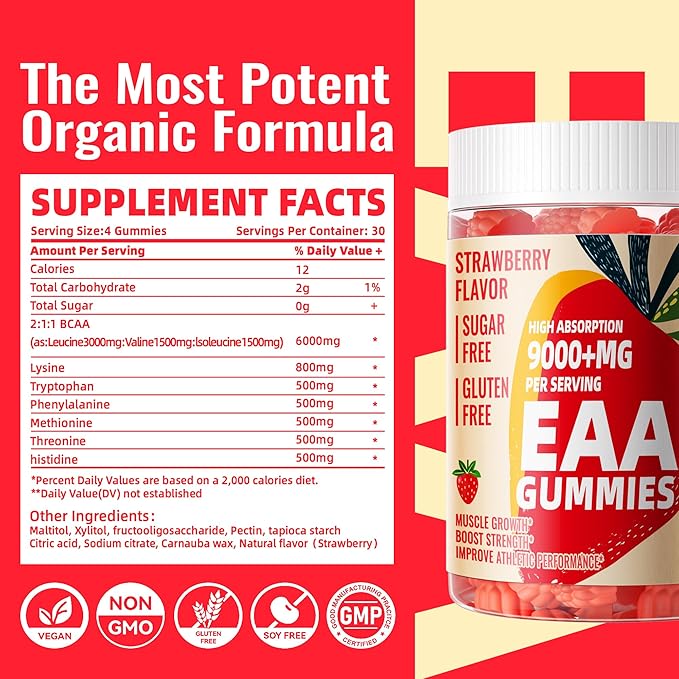 Pets Purest EAA Gummies 120 Gummies (Strawberry), Essential Amino Acids - All 9 Essential Aminos (EAA) and All Branched-Chain Aminos (BCAAs), Non-GMO, Gluten Free, Vegetarian Friendly