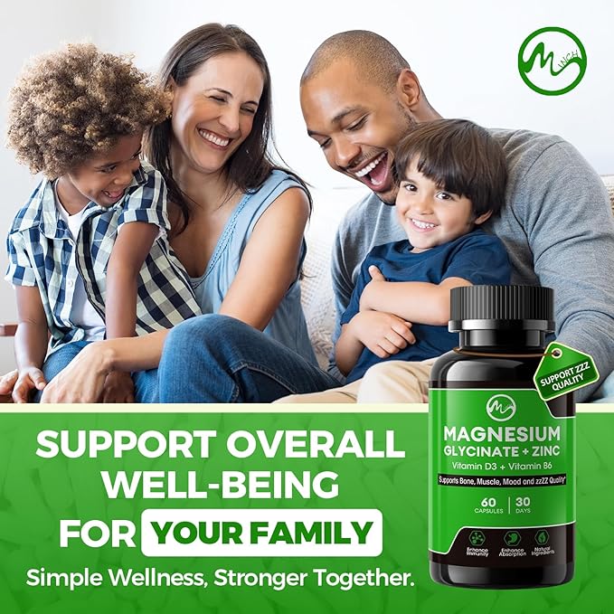 Magnesium Glycinate Capsules, Magnesium Glycinate Supplement with Zinc, Vitamin D3 & B6 - Promotes Nerve, Bowel, Relaxation Function - 60 Vegan Capsules