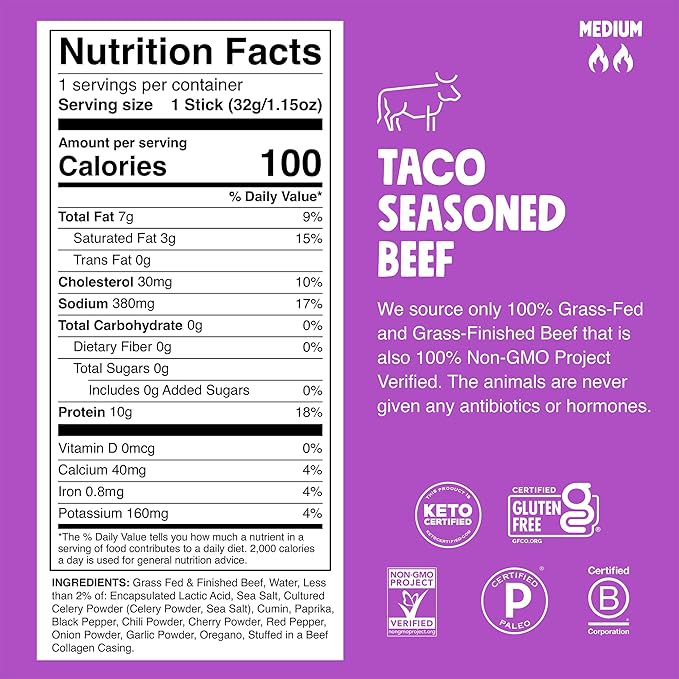 Chomps Grass-Fed Taco Beef Jerky Snack Sticks 24-Pack - Keto, Paleo, Whole30, 10g Lean Meat Protein, Gluten-Free, Zero Sugar Food, Non-GMO