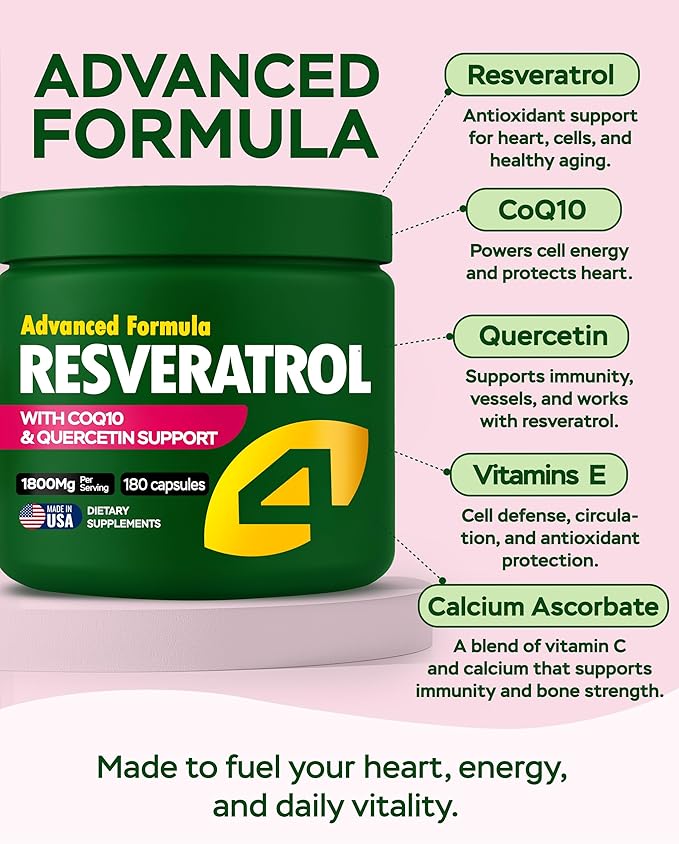Resveratrol Supplement 1800mg with CoQ10 & Quercetin Support – Vitamin E & C (Calcium Ascorbate) – Antioxidant for Enhanced Energy, Heart Health & Healthy-Aging Support Trans Resveratrol 180 Capsules
