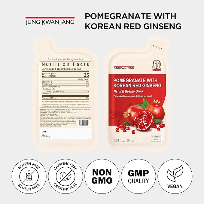 JUNG KWAN JANG Pomegranate with Korean Red Ginseng - Vegan Red Panax Ginseng Liquid Energy Drink with Natural Sweetness from Agave & Grape Extracts - No Caffeine, Non-GMO (20 Pouches, 1.69 fl oz)