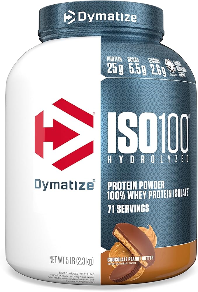 Dymatize ISO100 Whey Protein Powder Isolate, Chocolate Peanut Butter, 25g of Protein, 5 Pound, 5.5g BCAAs, Less Than 120 Cal., Gluten Free, 1g Fat, 1g Sugar, 2g Carb (71 Servings)