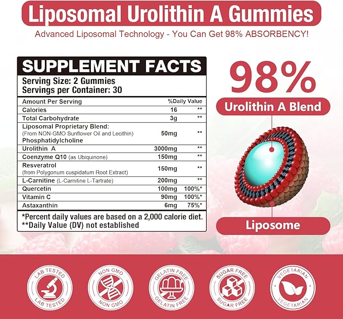 Liposomal 3000mg Urolithin A Gummies Complex CoQ10, Resveratrol, L-Carnitine, Quercetin, Astaxanthin | 7-in-1 Mitochondrial Support Supplement for Cellular Support, Vitality & Wellness Aging