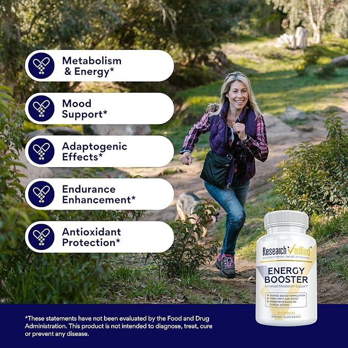 Research Verified Energy Booster - Natural Energy Support - 360 Capsules - Caffeine Free - B Vitamins and Adaptogens - 6 Month Supply