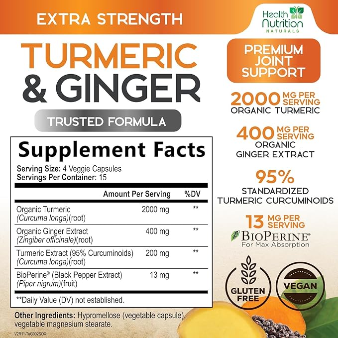Turmeric Curcumin Supplement - 2000mg Organic Turmeric & 400mg Organic Ginger per Serving - 95% Curcuminoids & BioPerine Black Pepper for Best Absorption & Joint Support, Bottled in USA - 60 Capsules