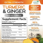 Turmeric Curcumin Supplement - 2000mg Organic Turmeric & 400mg Organic Ginger per Serving - 95% Curcuminoids & BioPerine Black Pepper for Best Absorption & Joint Support, Bottled in USA - 60 Capsules