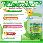 Kids Super Greens Gummies, w/Multivitamins, 20+ Veggie Fruit, Prebiotics, Calcium, Omega-3 (DHA/EPA), Kids Vitamins Greens Superfood Gummies for Picky Eaters Growth, Energy, Immune, Digestion, 2 Pack