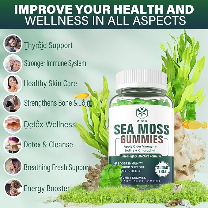 Sea Moss Gummies Sugar-Free, Extra Strength Irish Moss Gel Supplement with Iodine, Chlorophyll, Unfiltered ACV, D3, Burdock Root, Bladderwrack for Immune, Digestive, Skin, Hair, Det❤️x, Vegan, 2Pack