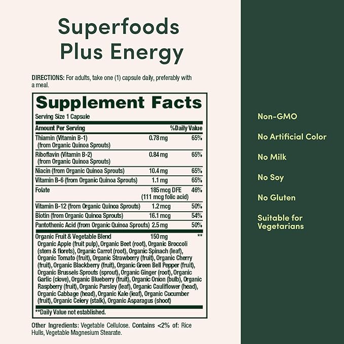 Nature’s Bounty Superfoods Plus Energy to Support Cellular Energy, 23 Fruits & Veggies Supplement, 30 Capsules