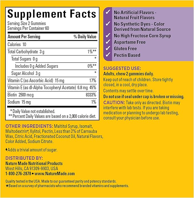 Nature Made Zero Sugar Hair Skin Nails Gummies,Biotin 2500 mcg per Serving,120 Sugar Free Gummies,60 Day Supply,(Pack of 2)