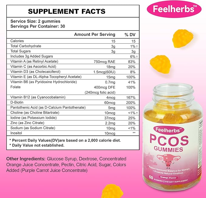 PCOS Gummies Vitamins for Menstrual Cycle & Ovulation & Fertility, Pack of 2, 60 Count Orange Flavor Hormonal Balance Vitamins Help Getting Pregnant with PCOS, Easy to Chew