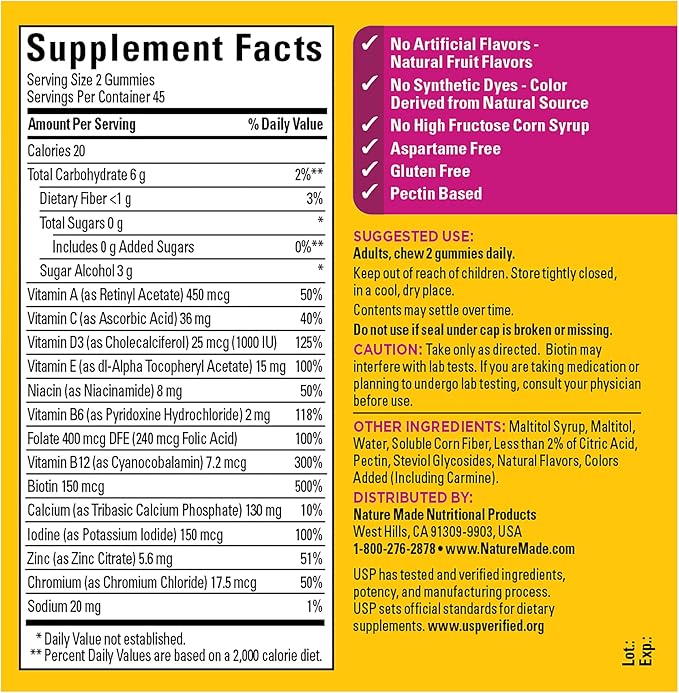 Nature Made Zero Sugar Multivitamin Women's Gummies, Bone & Immune Support, Aspartame Free, 90 Sugar Free Multivitamin Gummies, 45 Day Supply
