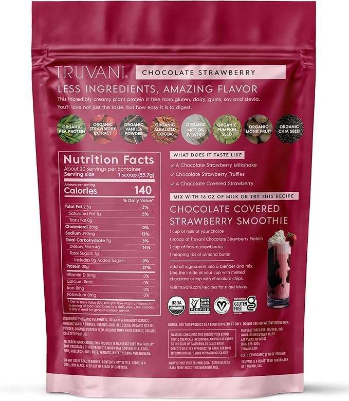Truvani Vegan Pea Protein Powder | Chocolate Strawberry | 20g Organic Plant Based Protein | 20 Servings | Keto | Gluten & Dairy Free | Low Carb | No Added Sugar