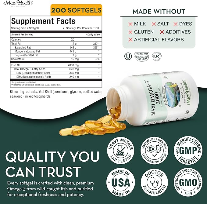 Omega 3 Supplement - Omega-3 Fish Oil 2000mg - Natural Source of EPA & DHA - Heart, Brain & Joint Health - Kosher Certified Wild Caught Marine Fish - 200 Vegetarian Softgels by Maxi Health