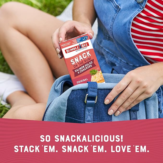 Bumble Bee Snack On The Run Salmon Salad with Crackers Kit - Ready to Eat Protein Snack Pack - 8g Protein per Box - Wild Caught MSC Certified Seafood (Pack of 4)