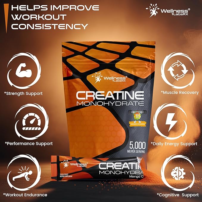 WELLNESS LABSRX Creatine Monohydrate Powder Sachets 300g – Mango Flavor Micronized Creatine Powder Supplement, Creatine for Women and Men, Supports Muscle Strength, Energy, Performance - 60 Servings