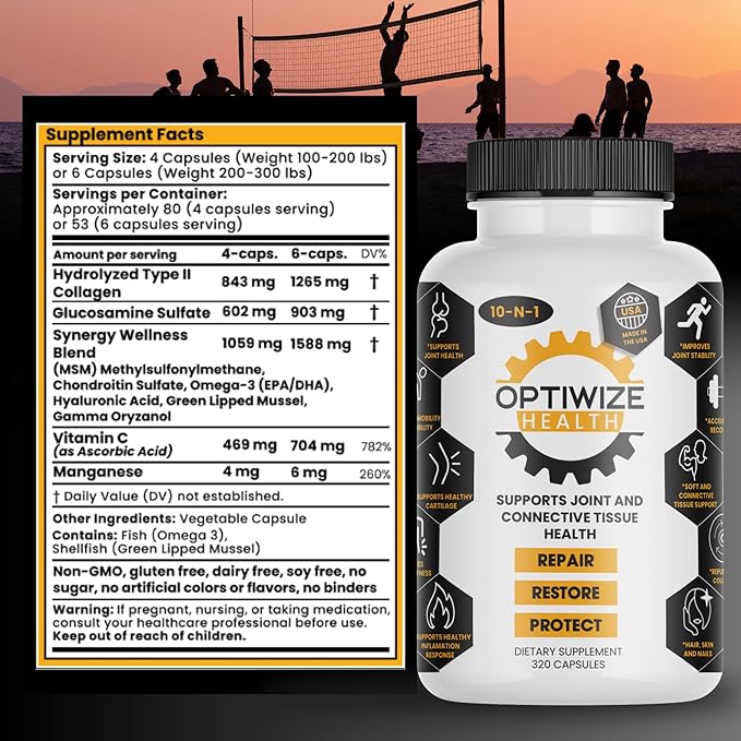 10-N-1 Joint Support Hydrolyzed Collagen,MSM, Hyaluronic Acid, Glucosamine,Chondroitin & More- Targets Joint Discomfort, Improves Mobility & Flexibility 320 Caps for Men & Women Made in USA