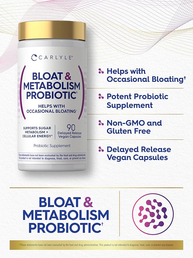 Carlyle Bloat and Metabolism Probiotic | 90 Capsules | Bloating Relief Formula | Sugar & Cellular Energy Support | for Women and Men | Vegan, Non-GMO, Gluten Free