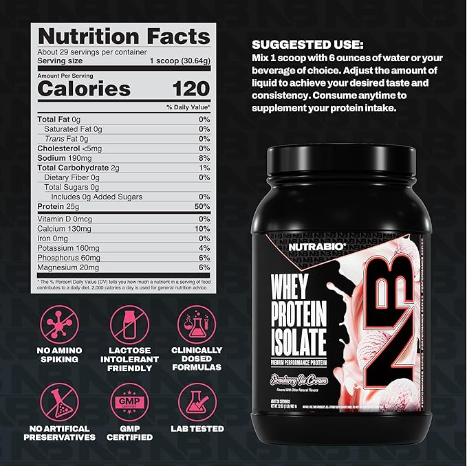 NutraBio 100% Whey Protein Isolate Protein Powder, 25g Protein with Complete Amino Acid Profile, Non-GMO, Soy & Gluten Free, Low Carb, Low Calorie Whey Protein Powder, Strawberry Ice Cream, 2 Lbs
