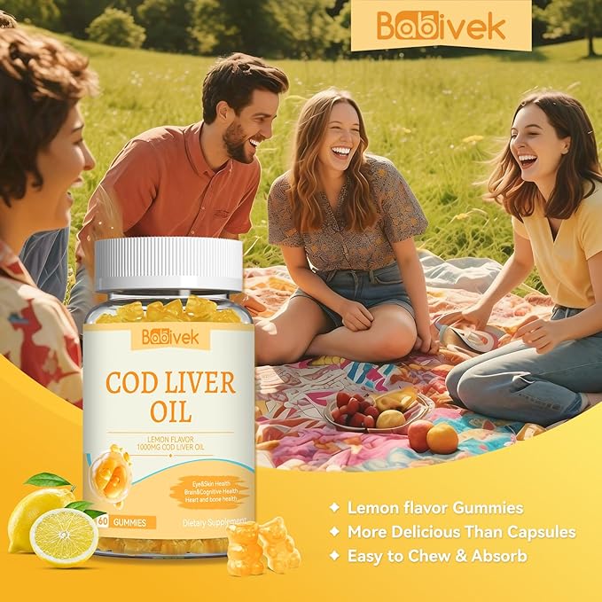 Cod Liver Oil Gummies 1000mg, for Adults & Kids with Omega-3 Vitamin A & D3, Fish Oil Supplement, Supports Eye Health, Brain Function & Bone Health, Sugar-Free, Non-GMO, Gluten-Free 60 Count