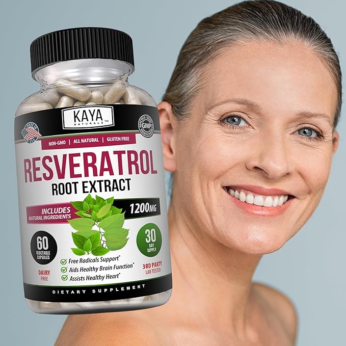 Kaya Naturals - Resveratrol Capsules - Anti Aging Supplement - Antioxidants with Brain Support - Maximum Benefits - 60 Veggies Capsules