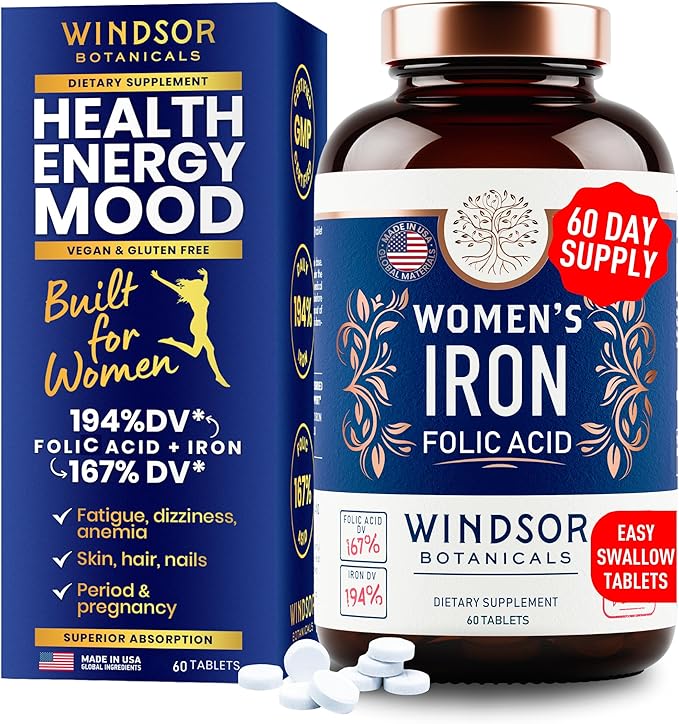Iron and Folic Acid Supplements for Women - 35mg Gentle Iron Vitamin, Folic Acid 400mcg - Anemia, Period, Pregnancy Support Supplement, Ferrous Sulfate Pills - 120 Vegan Non-Constipating Tablets