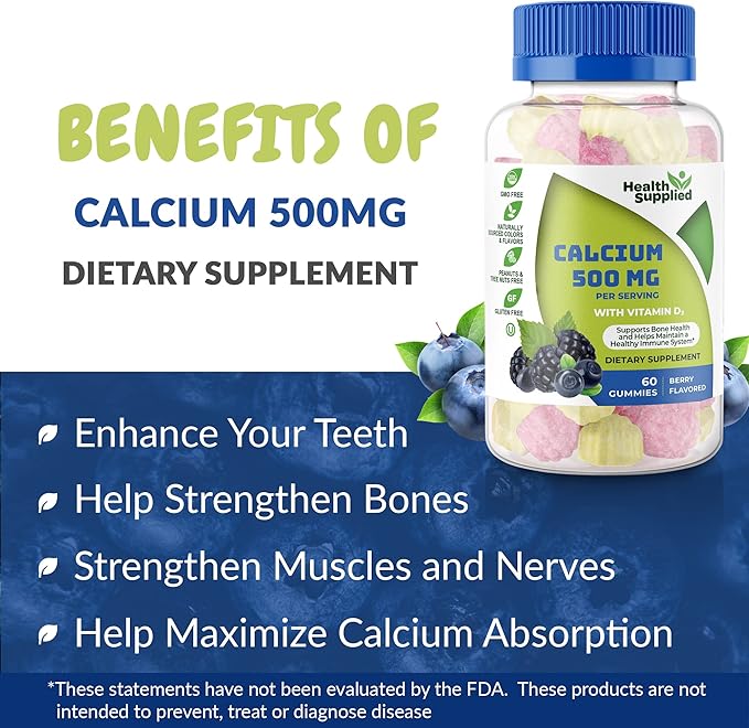 Health Supplied Calcium 500mg with Vitamin D3 1000 IU Gummies | Daily Dietary Supplement | Bone Strength, Growth, Teeth | for Adults, Teens, Kids | Great Tasting Natural Berry Flavor Vitamin Gummy