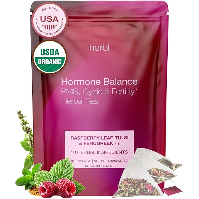 Organic Hormone Balance Tea for Women – Raspberry Leaf Tea with Fenugreek, Tulsi & Black Cohosh – Herbal Hormone Balance tea for PMS (Cramps, Mood, Bloating), Menstrual Cycle & Perimenopause Support