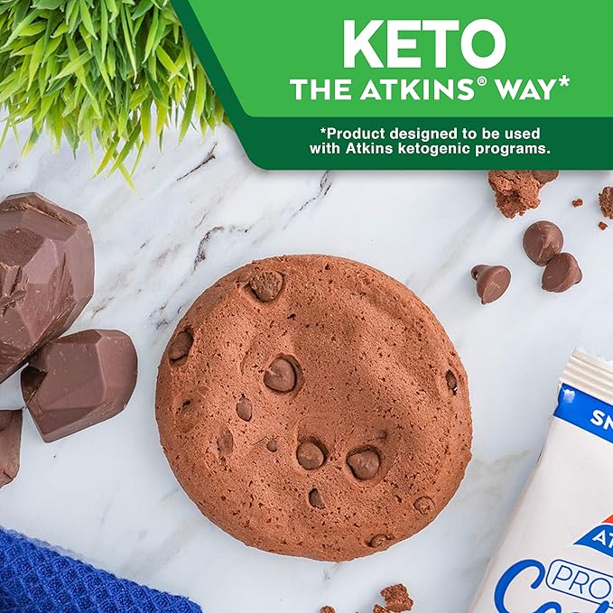 Atkins Double Chocolate Chip Protein Cookie, Protein Dessert, Rich in Fiber, 3g Net Carbs, 1g Sugar, Keto Friendly, 4 Count