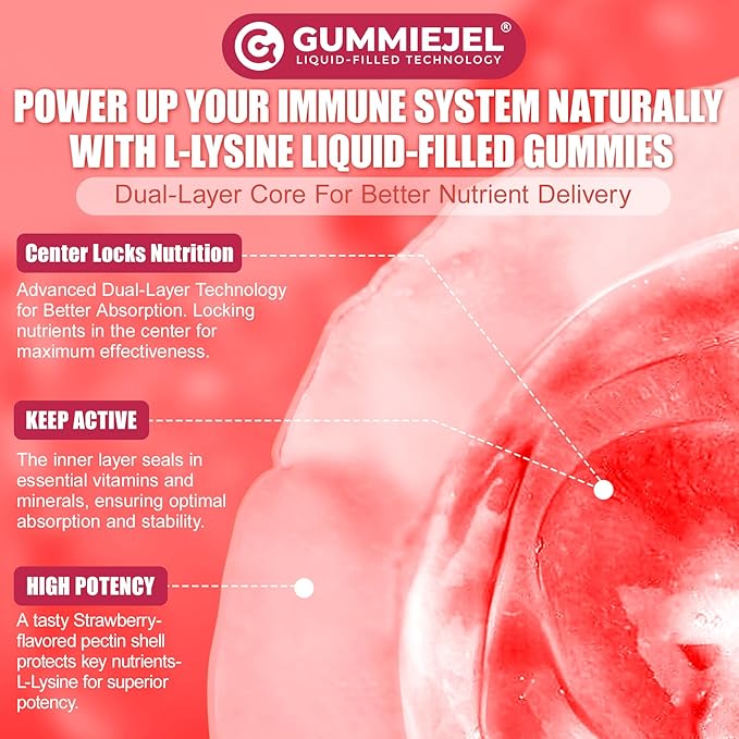 Liposomal L-Lysine Gummies 1200mg | High Absorption Immune & Skin Support | Vegan Amino Acid Supplement for Adults & Kids | Lips & Oral, Bone & Collagen Health | Non-GMO, Sugar-Free, 60 Gummies