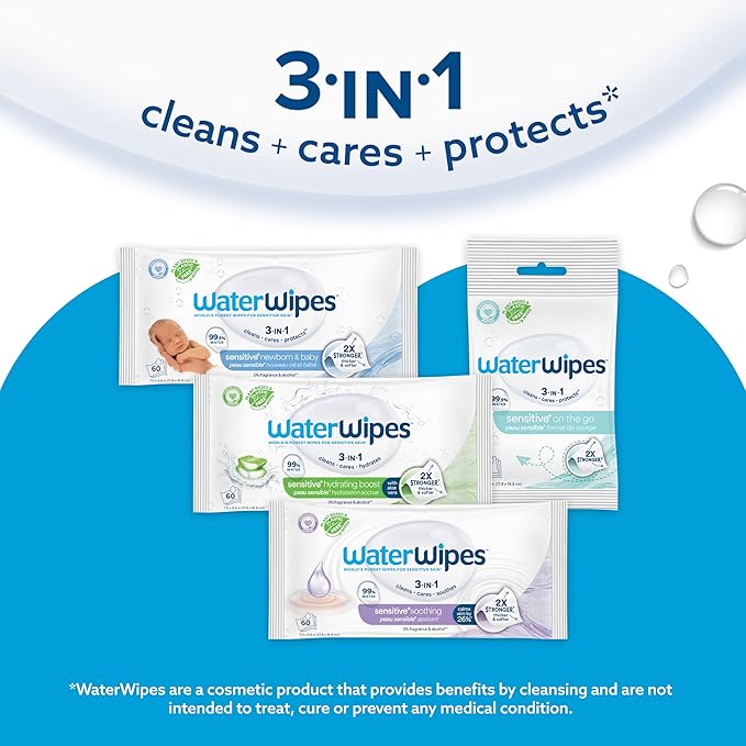 WaterWipes Sensitive+ On The Go Wipes,3-In-1 Cleans,Cares,Protects,99.9% Water,Unscented & Hypoallergenic Wet Wipes,28 Count (Pack of 2)