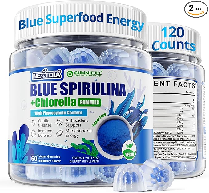 Organic Blue Spirulina Gummies, High Phycocyanin from Nutrient-Rich Blue-Green Algae for Antioxidants, Cellular Energy & Cleanse, Superfood w/Chlorella, CoQ10 & VC,Taurine,Green Tea, Sugar Free, 120Ct
