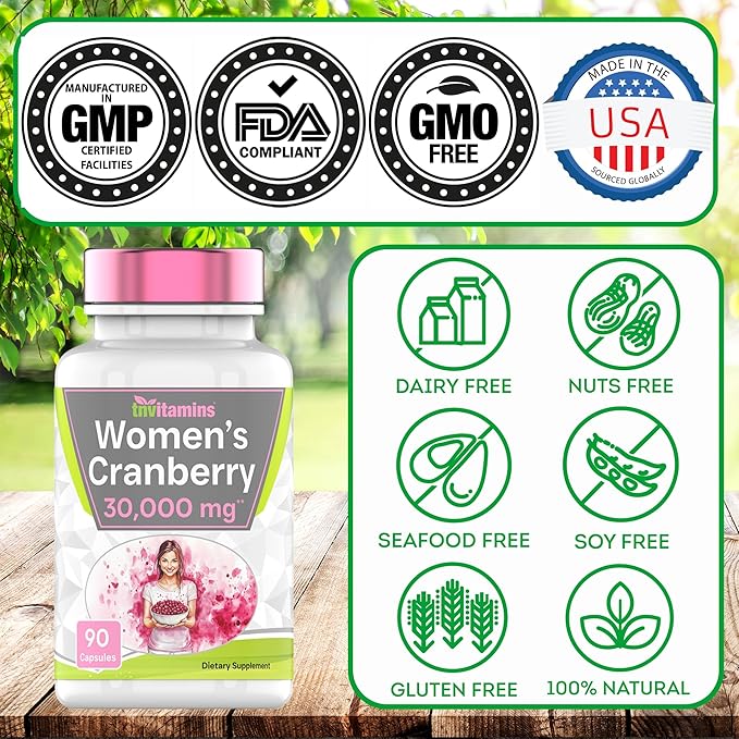 tnvitamins Cranberry Pills for Women: 600 mg of 50:1 Cranberry Concentrate Extract - 90 Capsules | Urinary Tract Health & Support* | Supplement for Women | Non-GMO | Made in the USA!