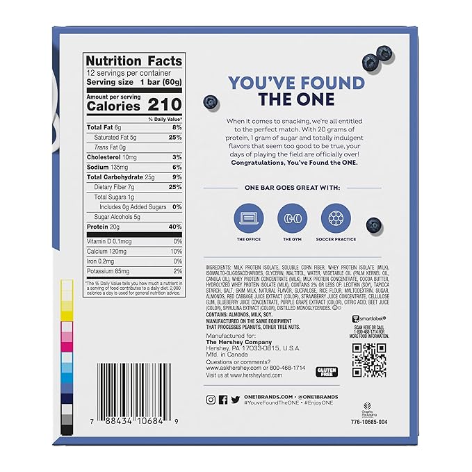 ONE Protein Bars, Blueberry Cobbler, Gluten Free with 20g Protein and 1g Sugar, Pantry Staples, 2.12 oz (12 Count)