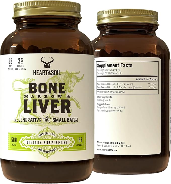 Heart & Soil – 100% Grass Fed & Finished Bone Marrow & Beef Liver from Regenerative Cattle – Supports Bones, joints, Tissue & Skin – 3000mg Libido Booster For Women & Men – Glass Bottle – 180 Capsules