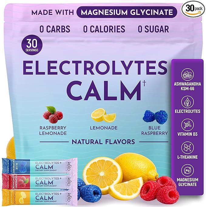 Keto Vitals Calm Magnesium Powder Packets Plus Electrolytes - Calming Drink Mix for Sleep - Natural Magnesium Glycinate Supplement with Ashwagandha KSM 66, L Theanine & Vitamin D - 30 Servings