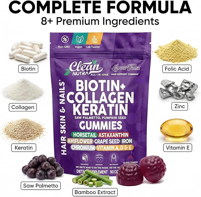 GrowVana Hair Growth Gummies for Women Biotin Collagen Keratin Saw Palmetto Horsetail Astaxanthin Iron Zinc Pantothenic Acid Vitamin A D E Pumpkin Seed Ahiflower MSM Supplement by Clean Nutra 90 Count