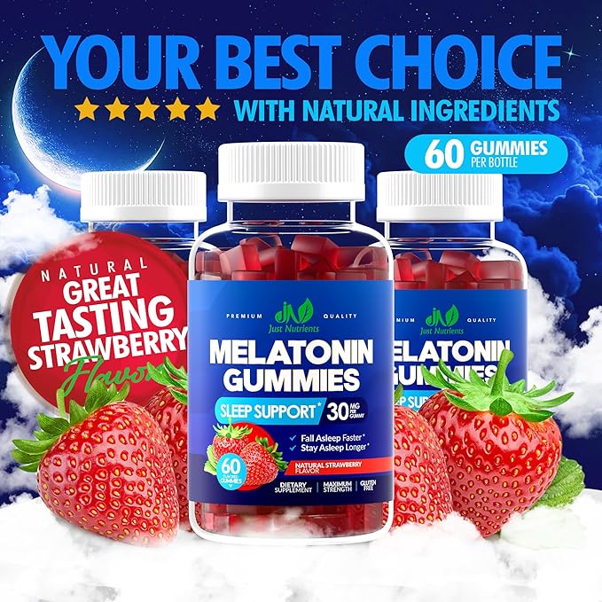 Melatonin 30mg Gummies for Adults (60 Servings) - Maximum Strength Sleep Support with 30mg of Melatonin Per Gummy - Gluten-Free, Sugar-Free, Non-GMO, 100% Vegetarian, Strawberry Flavor - 60 Gummies