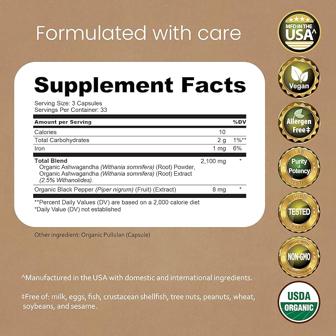 NaturaLife Labs Organic Ashwagandha 2100 mg per Serving – Herbal Supplement Root Powder & Extract – 100 Capsules – Vegan, Non-GMO, Gluten-Free