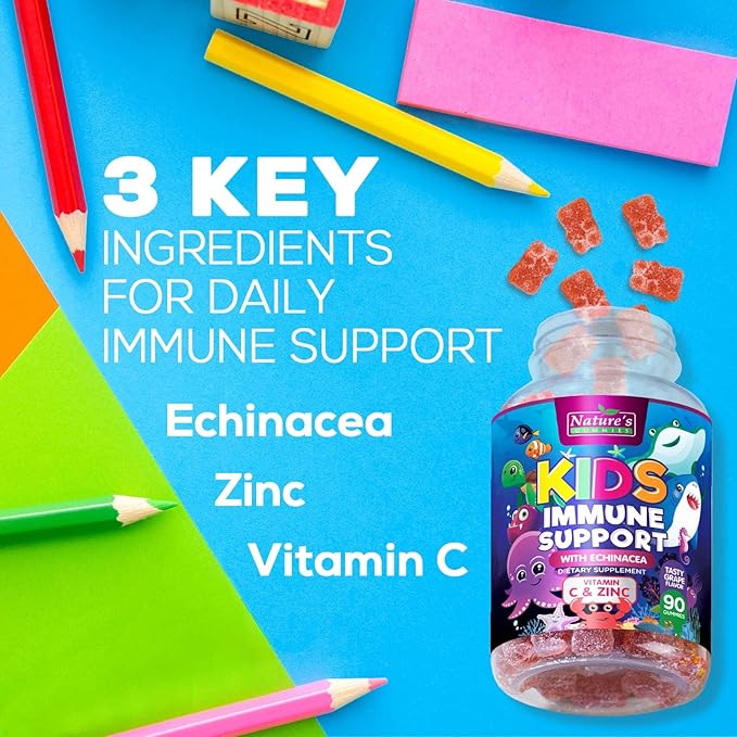 Kids Immune Support Supplement Gummies - Daily Childrens Vitamins C, Zinc & Echinacea - Gummy for Kids Immune Support, Ages 4 and Up, Natural Berry Flavor, Non-GMO, Gluten-Free & Vegan - 90 Gummies
